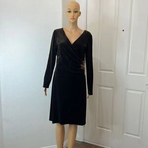 Muse Dress Sz 8 V Neck Long Sleeve Chocolate Brown Gold Side Wrap Sequin Brooch